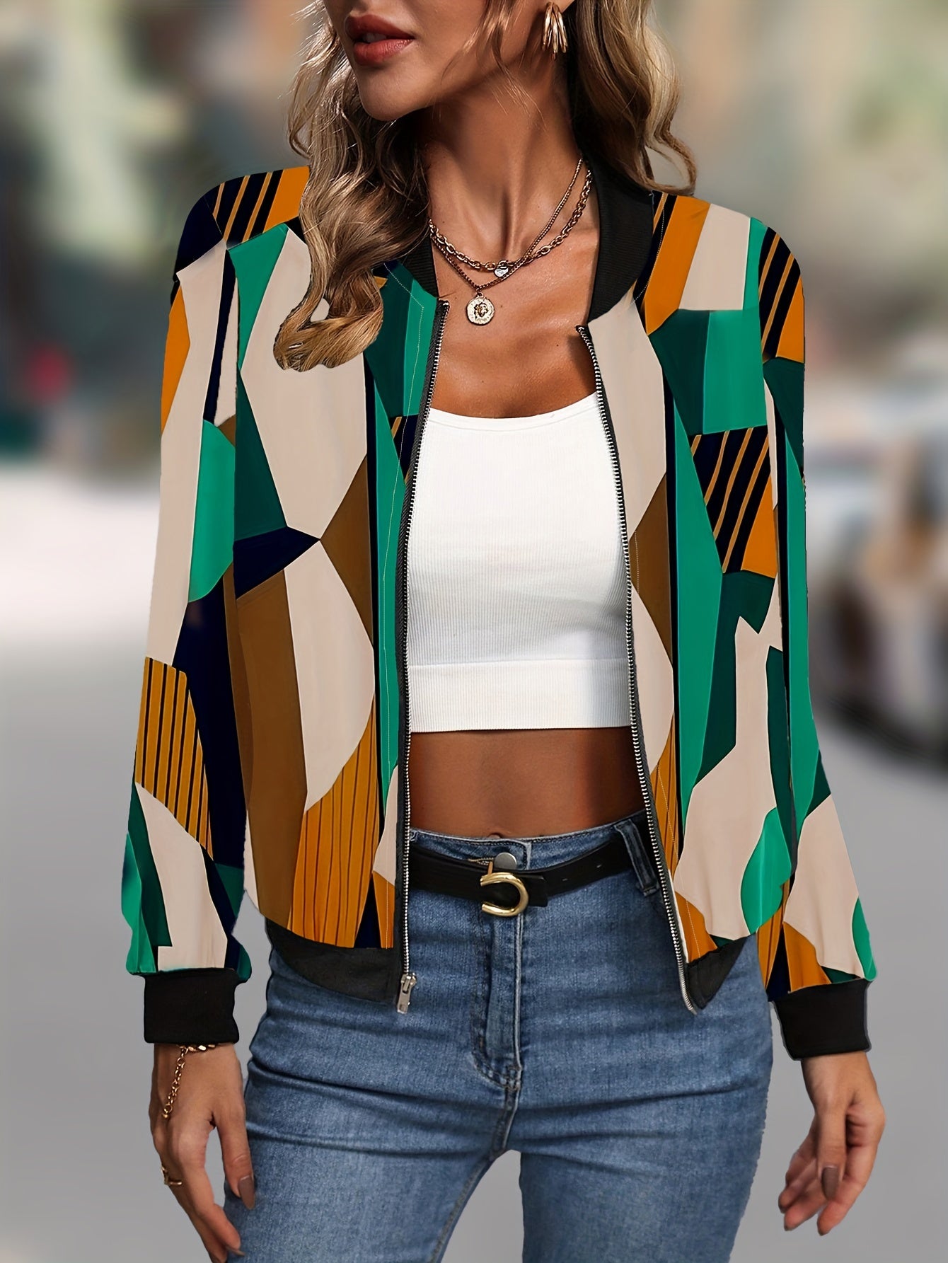 Geo Print Zip Up Jacket for Women