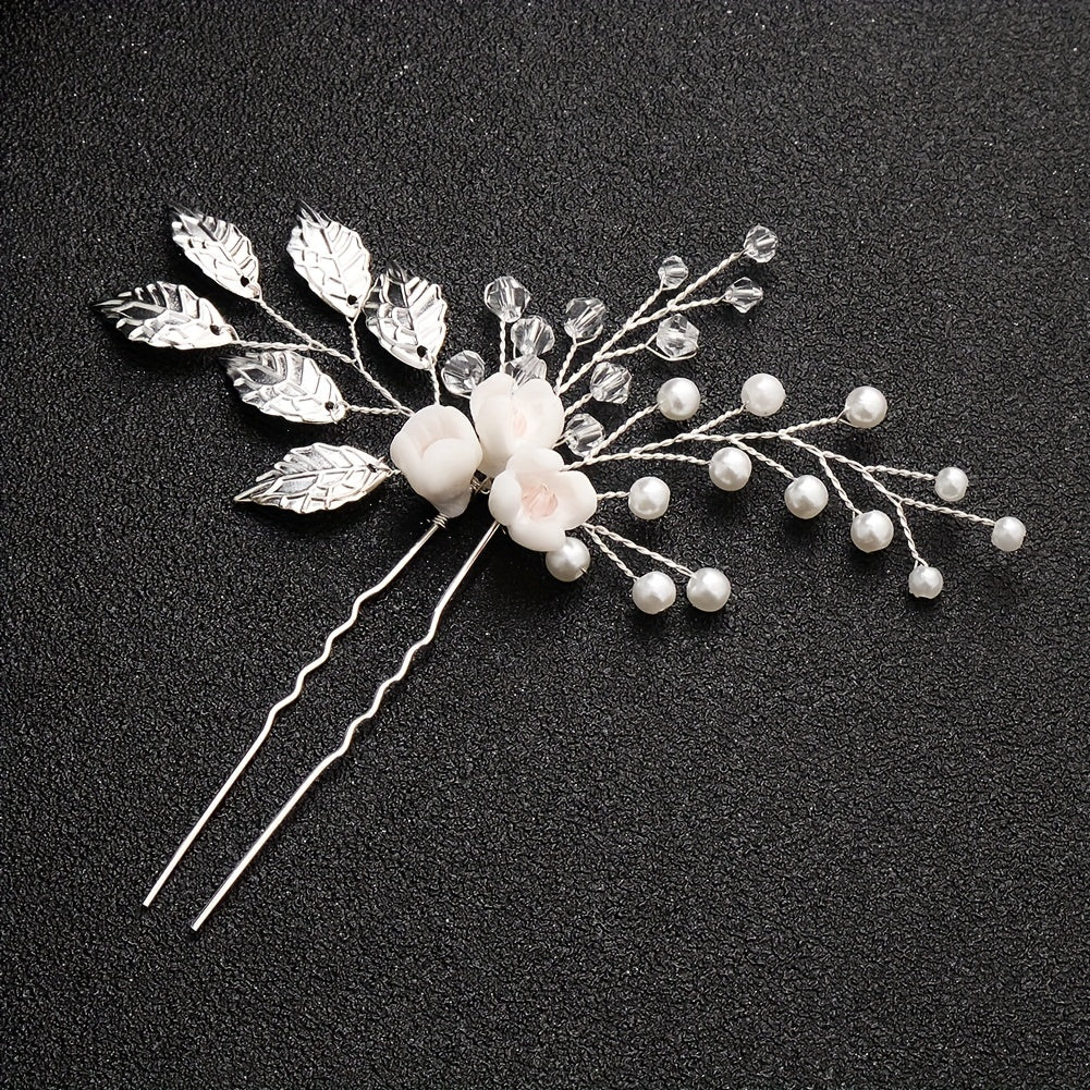 Faux Pearl Crystal Beads Bridal Hairpin Floral U Shaped Hair Sticks