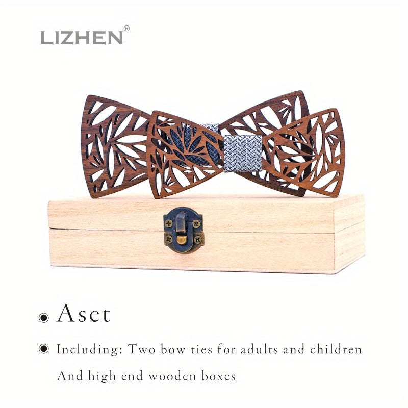 Retro Carved Walnut Wood Bow Tie Set for Father and Son