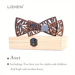 Retro Carved Walnut Wood Bow Tie Set for Father and Son