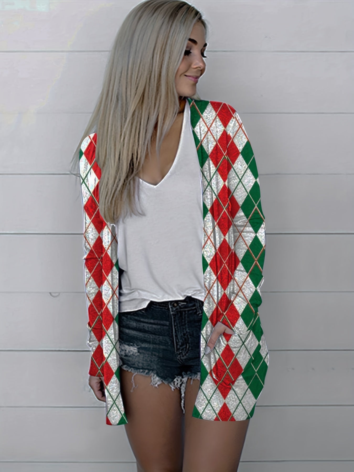 Open Front Argyle Print Cardigan with Pockets
