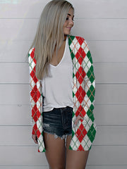 Open Front Argyle Print Cardigan with Pockets