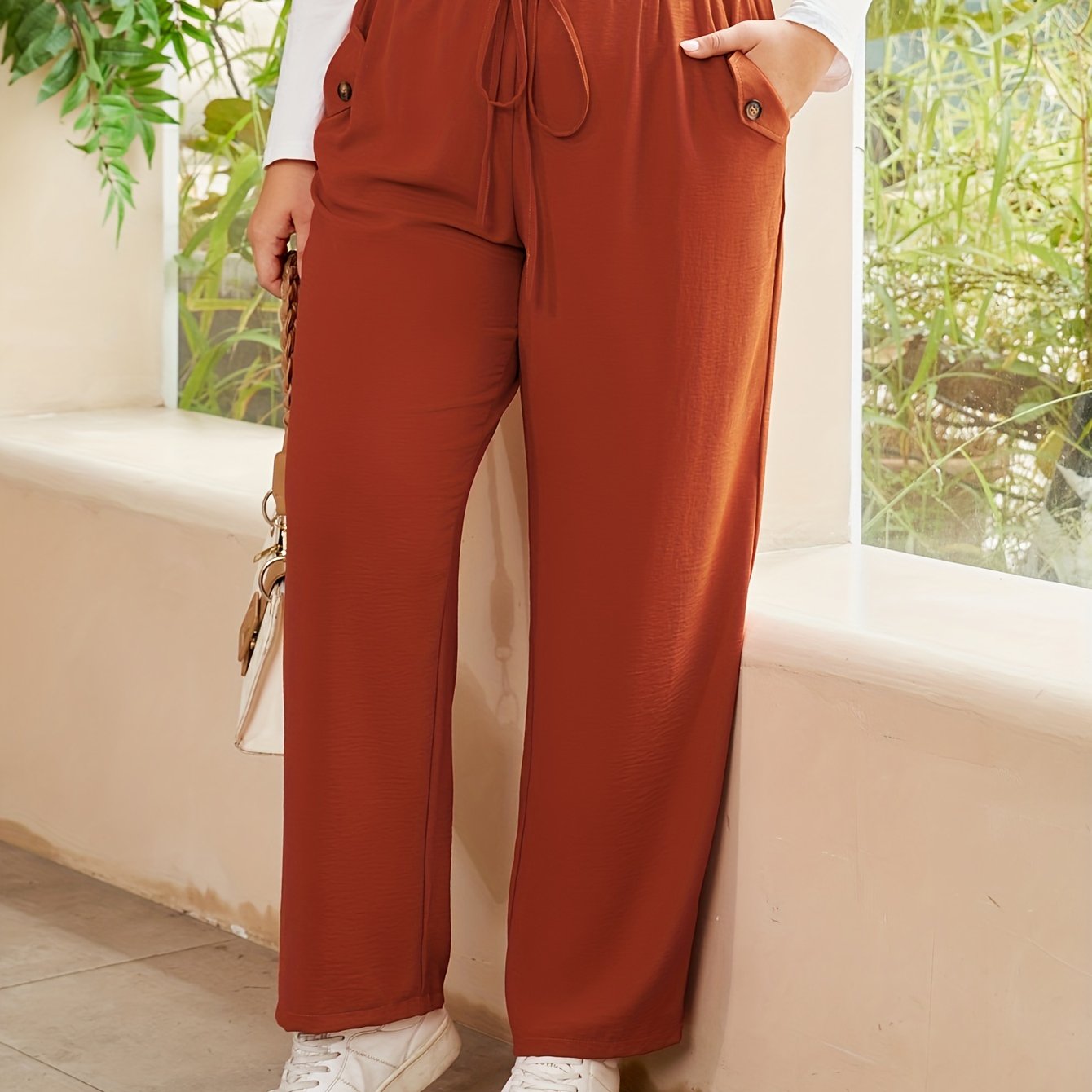 Pants Women's Plus Solid Elastic Drawstring High Rise Straight Leg
