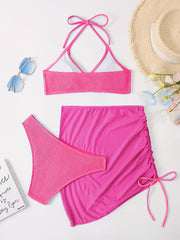 Textured Bikini Set & Lace Up Mini Skirt Swimsuit