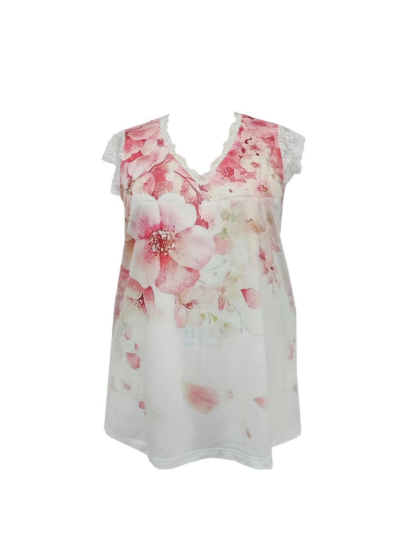 Floral Print Lace Trim V Neck Tank Top
