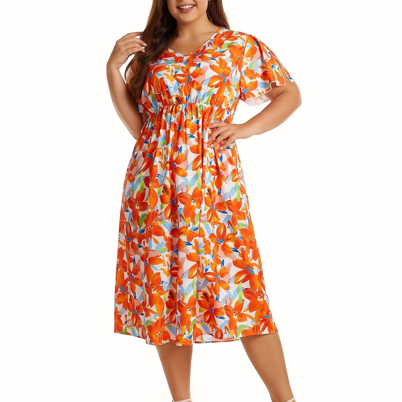 Floral Print V-Neck Midi Dress, Plus Size