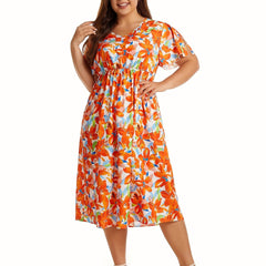 Floral Print V-Neck Midi Dress, Plus Size