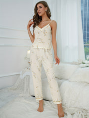 Floral Print Pajama Set V Neck Cami Top & Elastic Waistband Pants