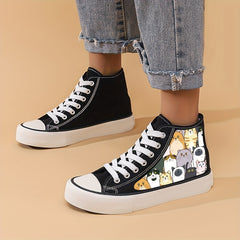 Girl's High Top Cartoon Cats Pattern Skate Shoes
