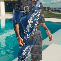 Fish Pattern Mens 2 Piece Outfits Short Sleeve T shirt And Casual Shorts Set