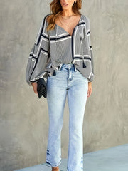 Colorblock Geometric Print Lantern Sleeve Blouse