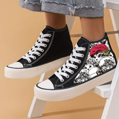 Women's High Top Canvas Shoes with Cat and Red Hat
