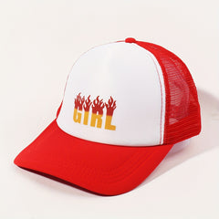 GIRL Flame Print Trucker Hat Red Baseball Cap Adjustable Mesh Dad Hat