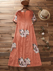 Floral Print V-Neck Dress Button Detail Short Sleeve Plus Size