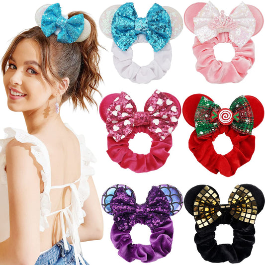 6pcs Mouse Ears Velvet Sparkle Sequin Bows Hair Scrunchies