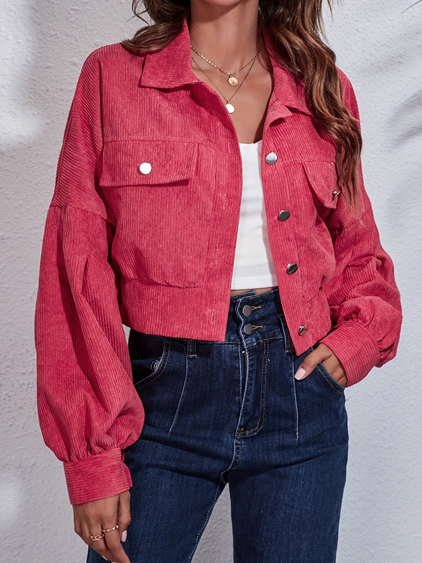 Ribbed Corduroy Cropped Jacket with Lantern Sleeves