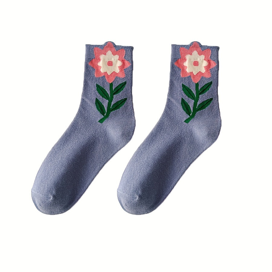 5 Pairs Floral Print Socks Women Comfy & Breathable Mid Tube Stockings