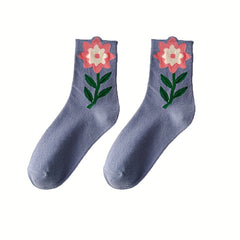 5 Pairs Floral Print Socks Women Comfy & Breathable Mid Tube Stockings