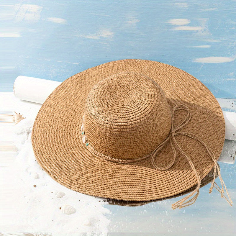 Wide Brim Sun Hat Solid UV Protection Outdoor Straw Hats Resin Shell Decor