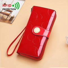 Patent Leather Long Wallet for Women with Zipper Closure