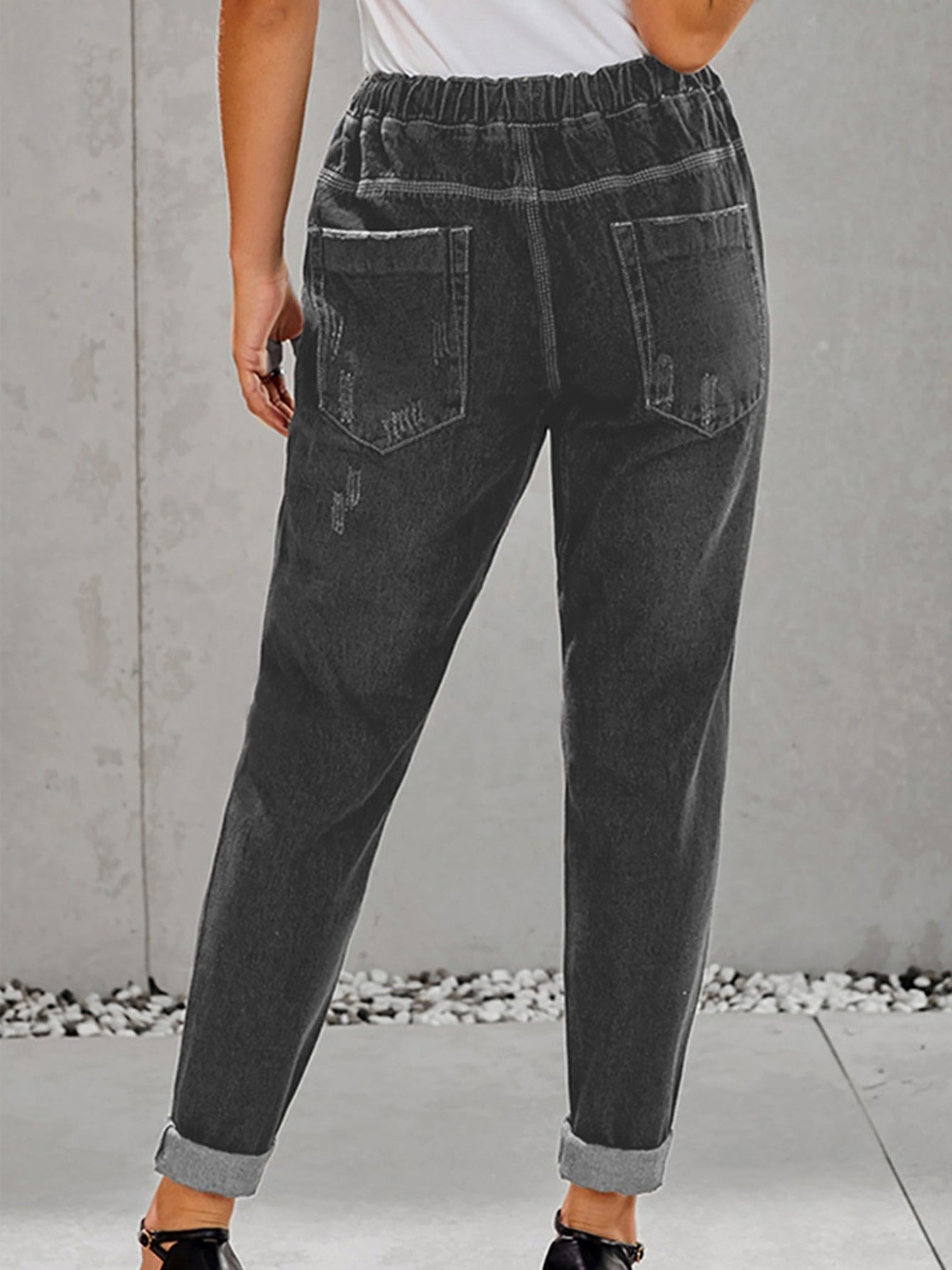 Distressed Drawstring Denim Pants Slash Pockets Ripped Jeans