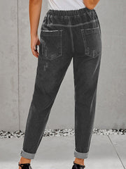 Distressed Drawstring Denim Pants Slash Pockets Ripped Jeans
