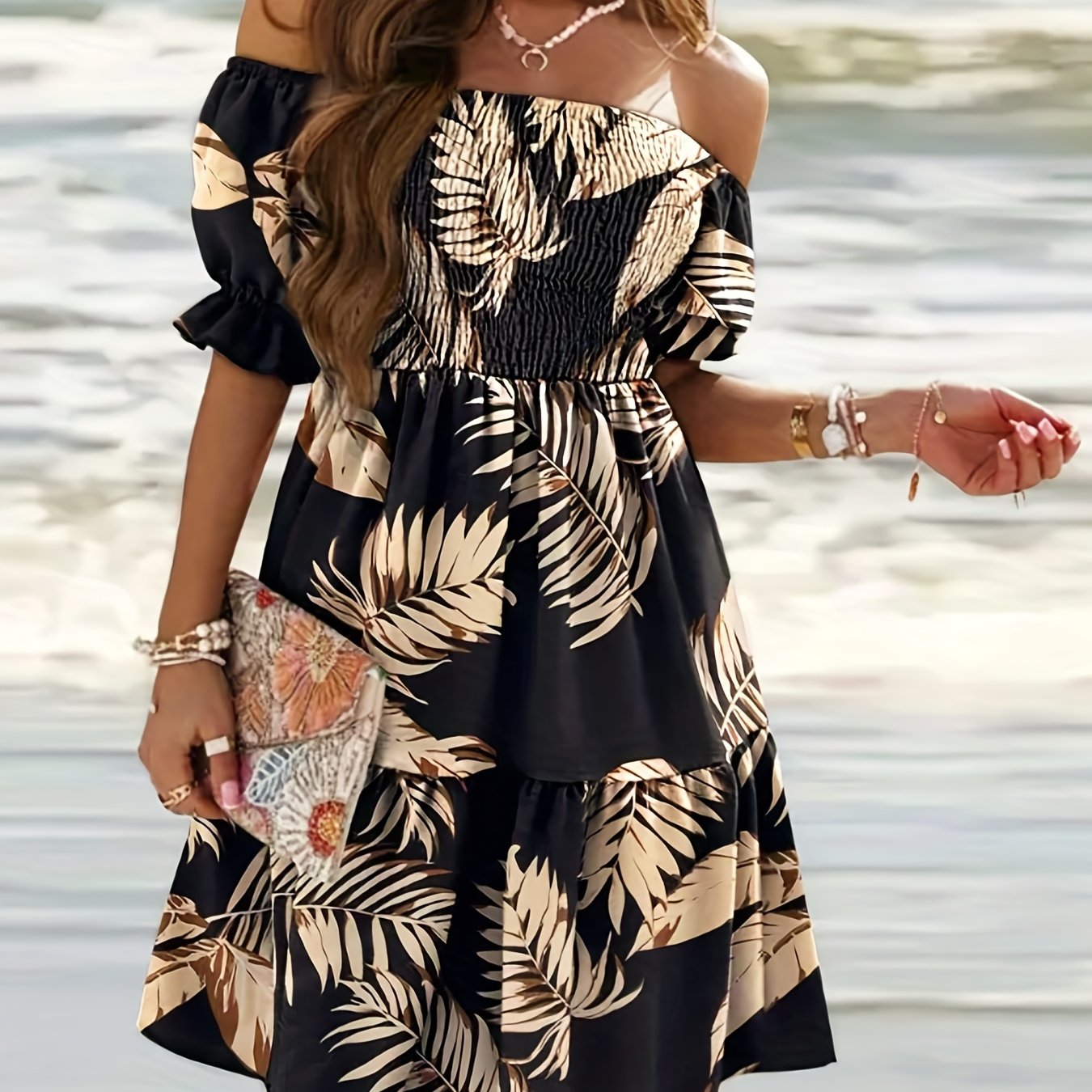 Tropical Print Off Shoulder Smock Dress