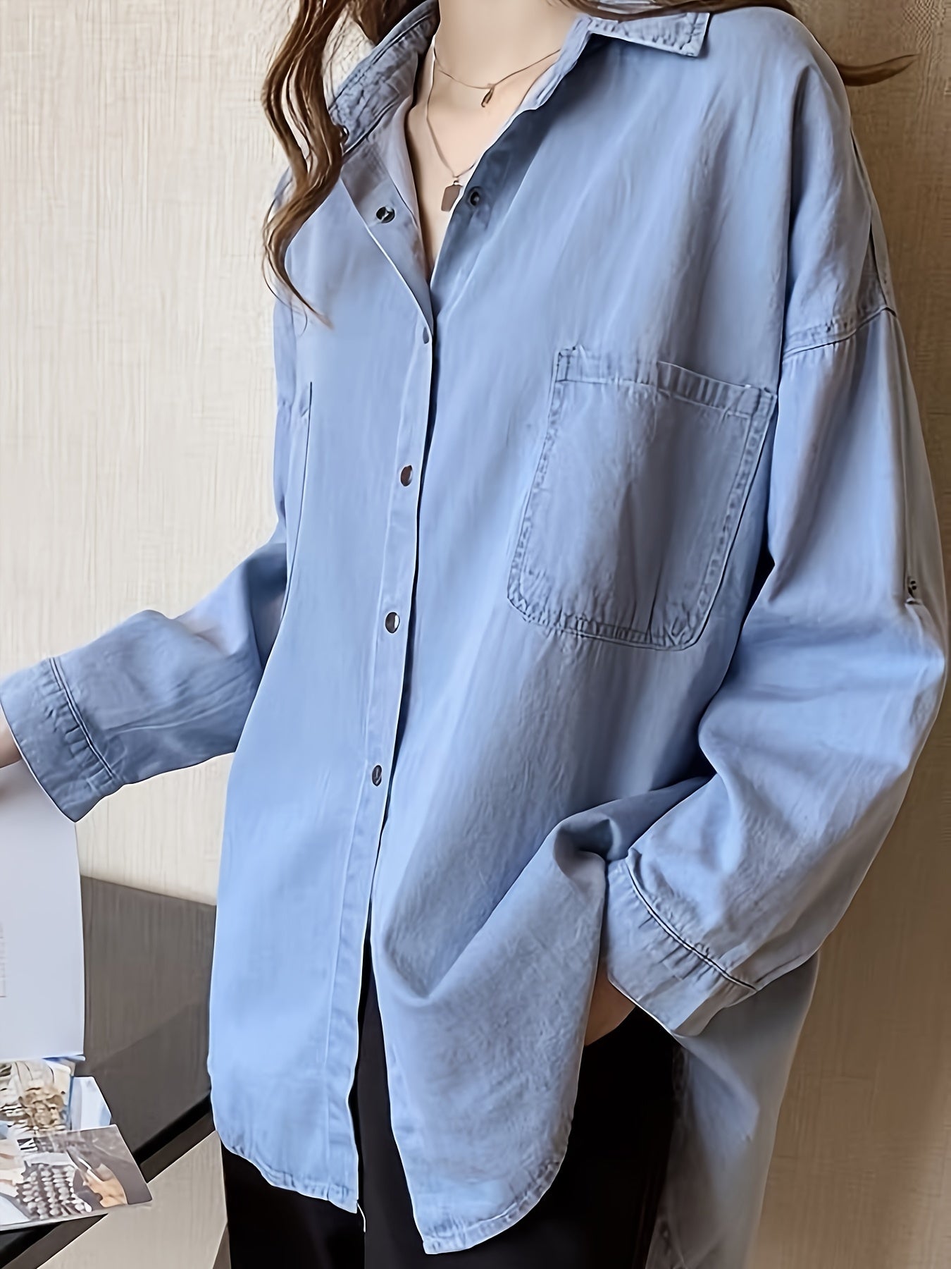 Casual Denim Top Women's Button Down Roll Up Sleeve Blouse