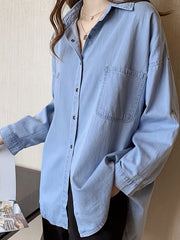 Casual Denim Top Women's Button Down Roll Up Sleeve Blouse