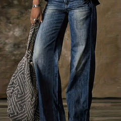 Solid Flared Leg Jeans High Rise Button Fly Pockets