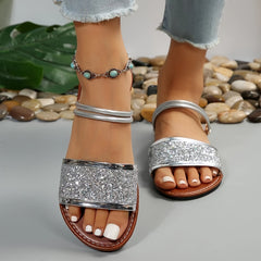 Women's Sequin Flat Sandals Open Toe Slides Shoes