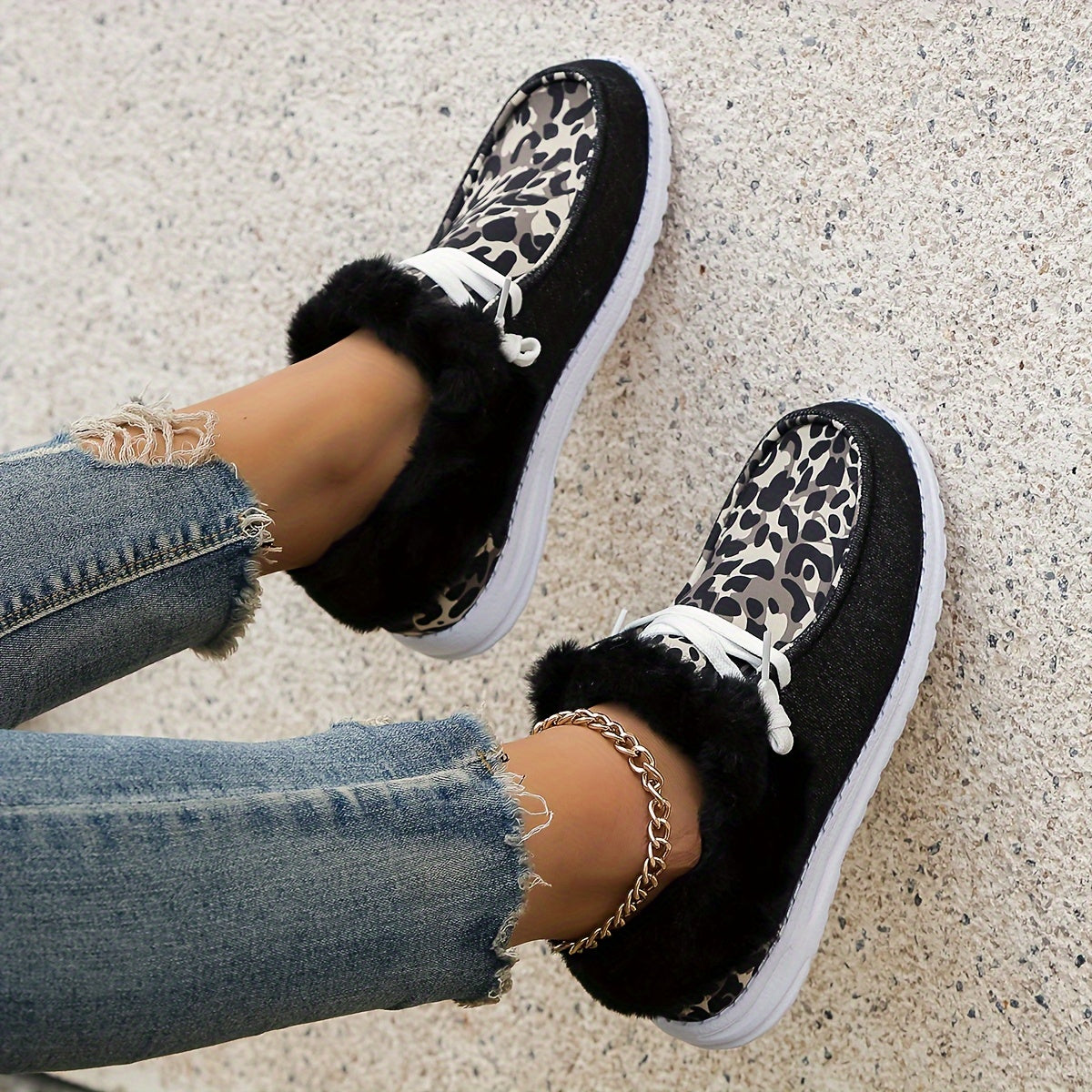 Leopard Print Warm Sneakers Lightweight Casual Flat Shoes