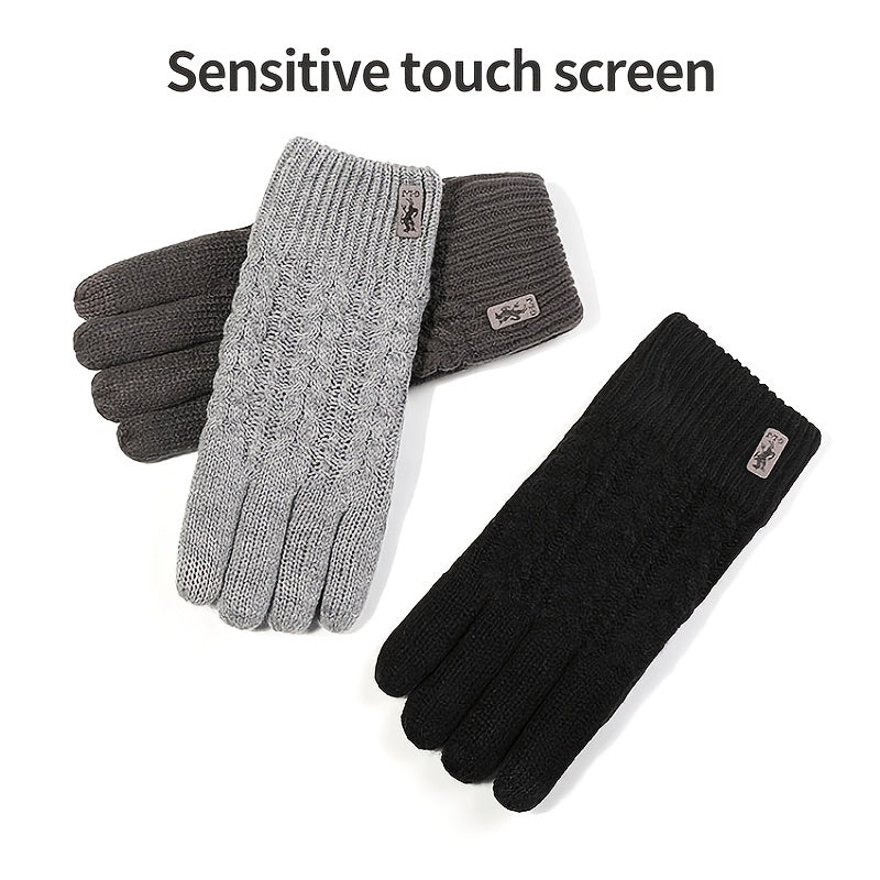 Double Layer Thick Knit Gloves with Fleece & Touch Screen Access