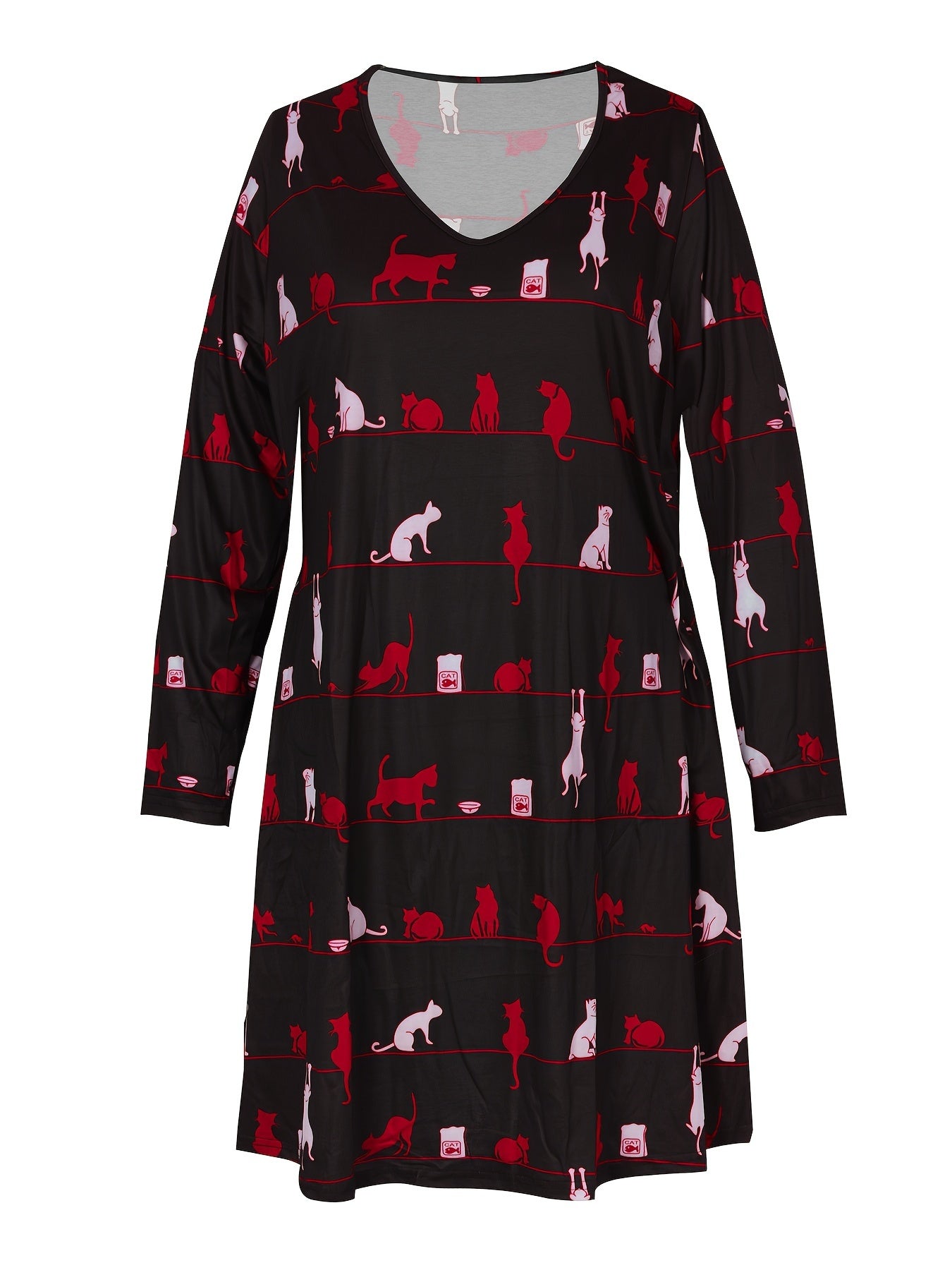 Cat & Stripe Print Long Sleeve V Neck Tee Dress With Pockets