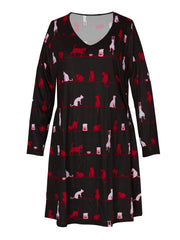 Cat & Stripe Print Long Sleeve V Neck Tee Dress With Pockets