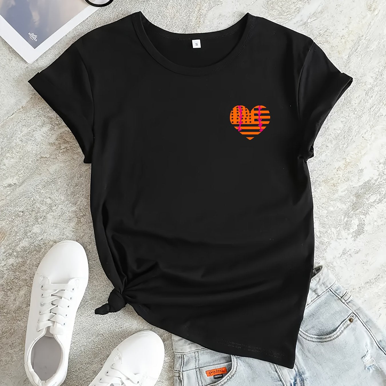 Heart Graphic Sports T shirt Round Neck Short Sleeves Workout Tops Women's