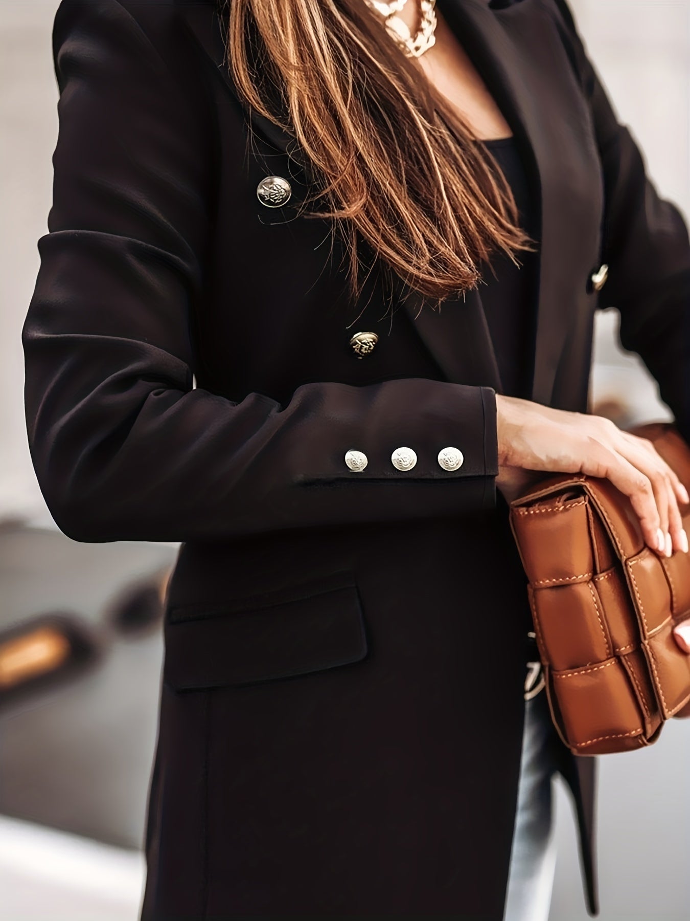 Solid Button Long Sleeve Blazer With Pockets