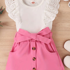 2Pcs Newborn Baby Girl Summer Clothes Set Solid Ribbed Top & Button Shorts