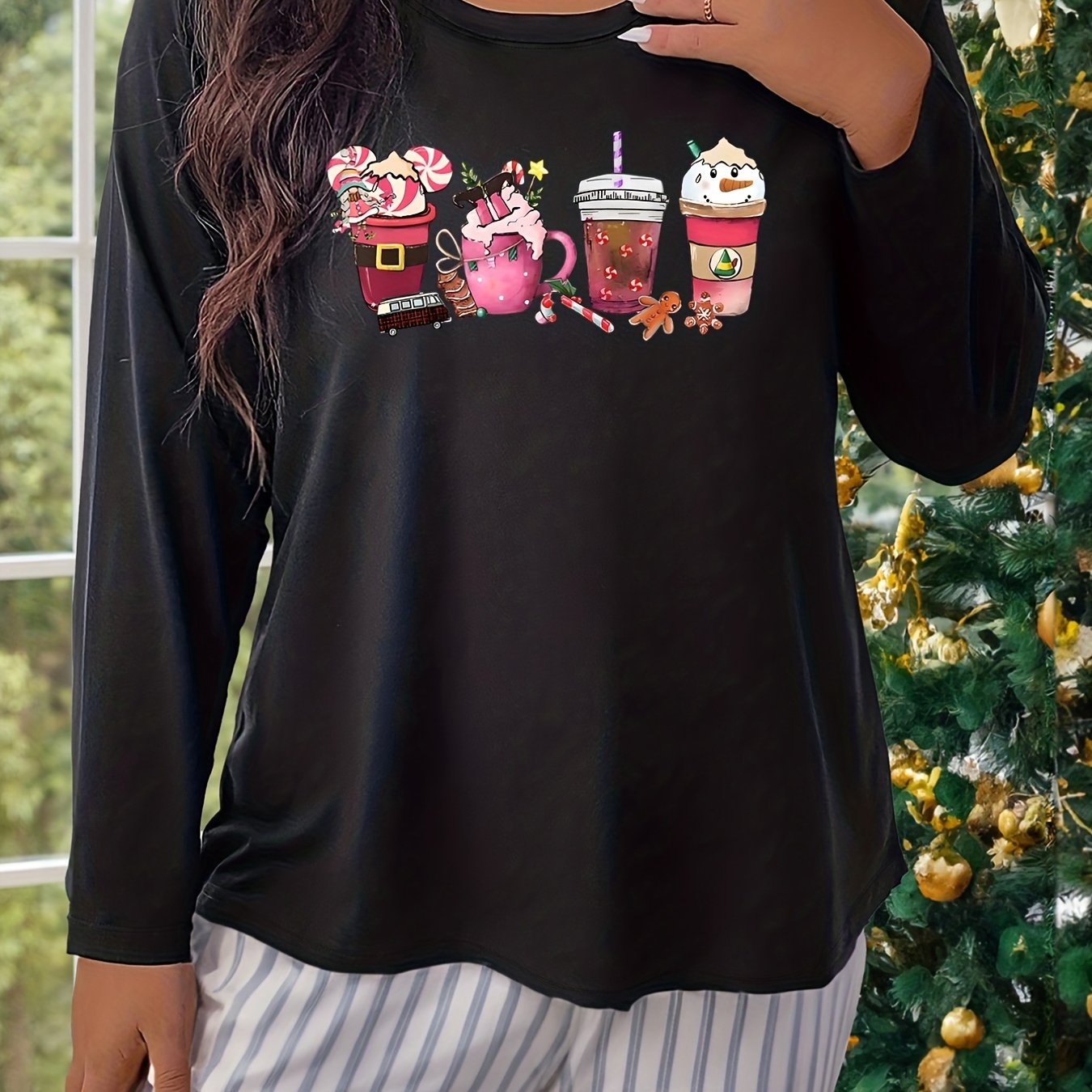 Snowman Drinks Print Lounge Top Long Sleeve Round Neck Pajama Top