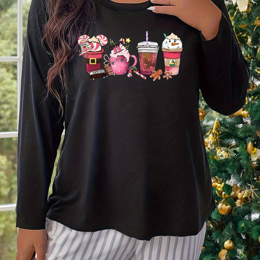 Snowman Drinks Print Lounge Top Long Sleeve Round Neck Pajama Top