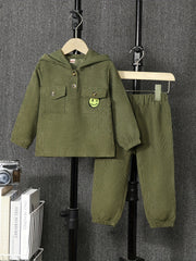 2pcs Boy Smiling Face Hooded Corduroy Pullover & Pants Set for Kids