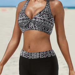 Geometric Print V Neck Halter Bikini Set Tie Back Neck 2 Piece Bathing Suit Swim