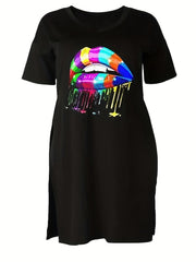 Lips Print Two Piece Set Short Sleeve T Shirt & Shorts Casual Outfit