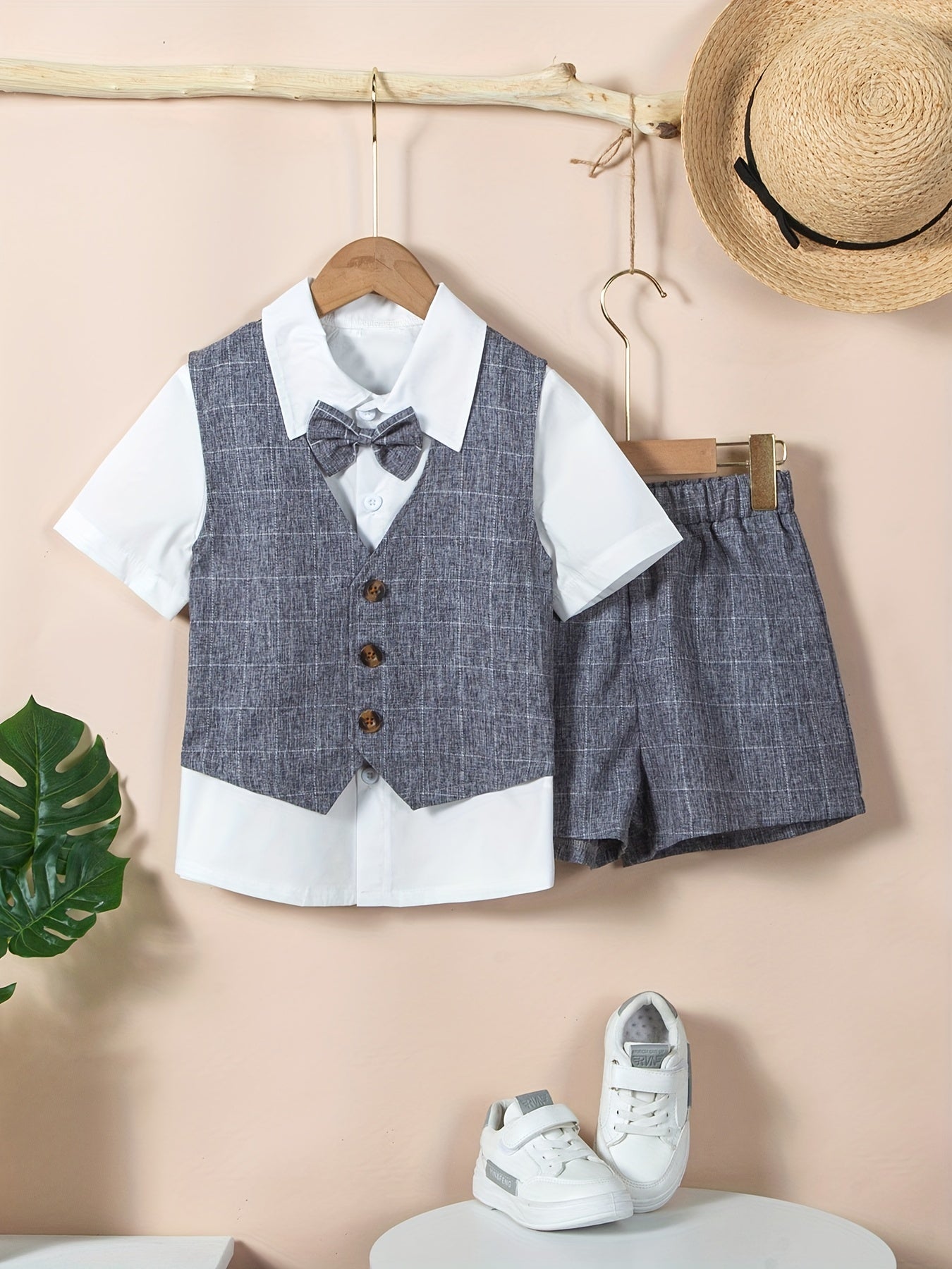 Boys Gentleman Outfits Short Sleeve Bowtie Shirt&Shorts&Vest Kids Clothing Set