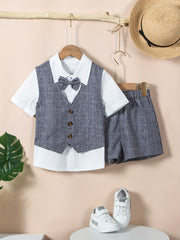 Boys Gentleman Outfits Short Sleeve Bowtie Shirt&Shorts&Vest Kids Clothing Set