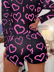Heart Print Pajama Romper Long Sleeve V Neck Pajamas