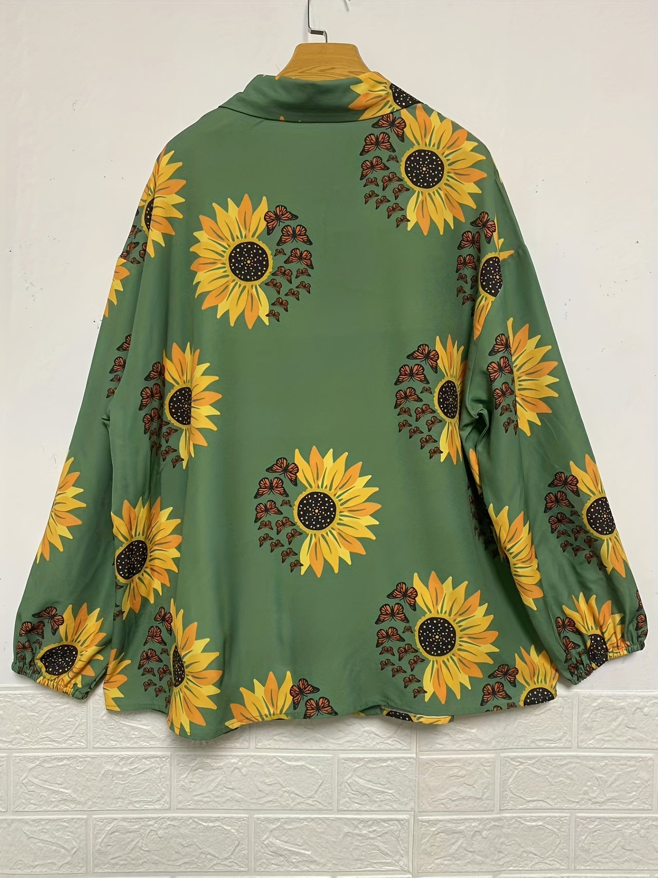 Sunflower & Butterfly Print Lantern Sleeve Button Up Shirt