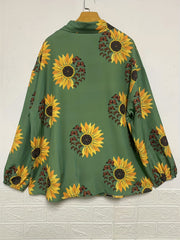 Sunflower & Butterfly Print Lantern Sleeve Button Up Shirt