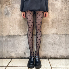 Punk Style Heart Print Fishnet Stockings