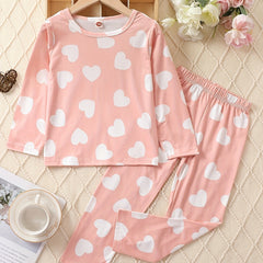 Heart Print Kid's Pajamas 2pcs Long Sleeve Top & Pants Set